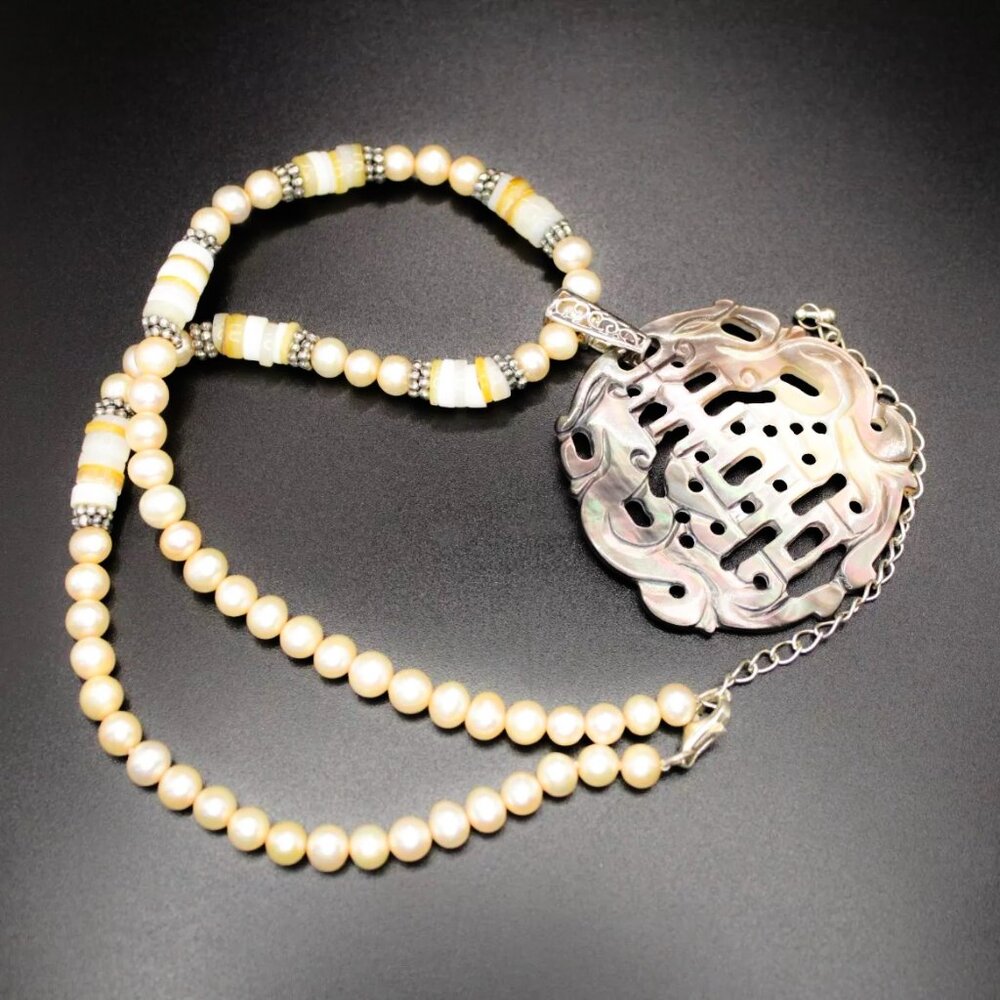 925 Sterling Silver GSK Gemstone King Carved Abalone Pearl Necklace Summer